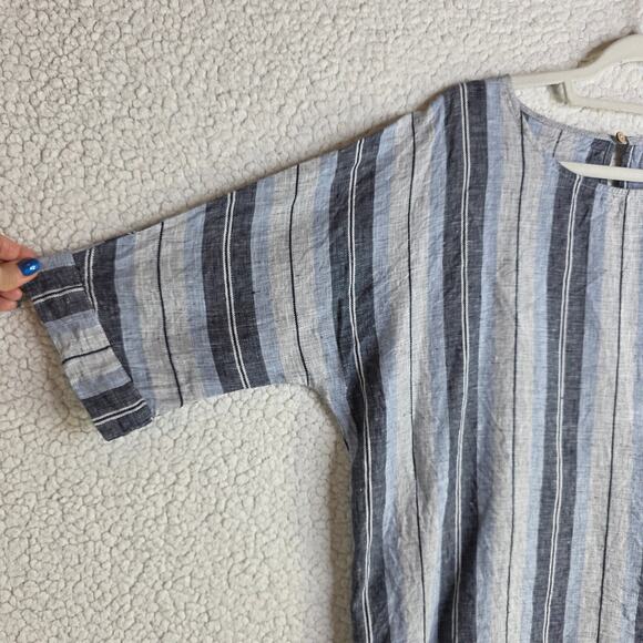 FOIL Sz8 Ws Linen Blue Gray Navy Stripes BigButtons accent Tunic Top Boho Hippie - Picture 6 of 14